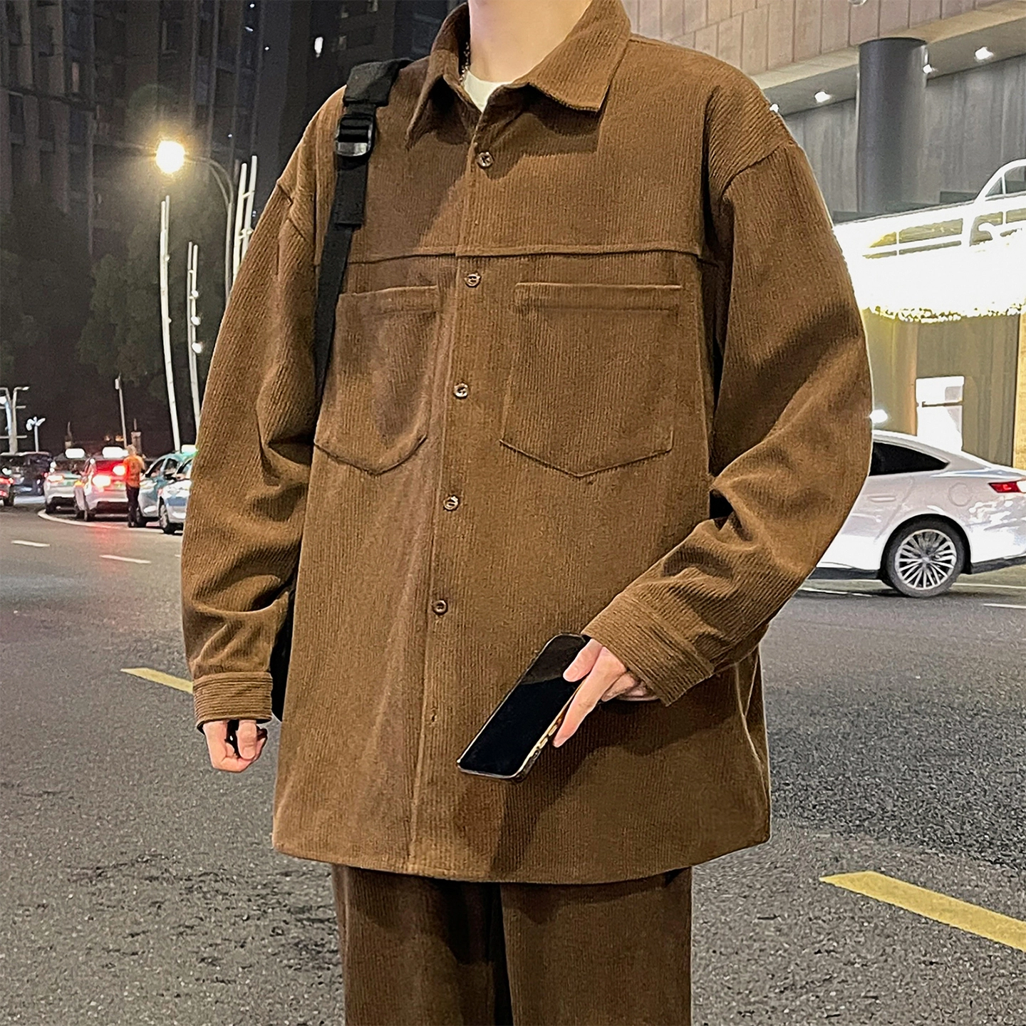 左岸 美式复古潮流百搭春秋休闲宽松舒适透气纯色灯芯绒衬衣潮牌设计感翻领开衫薄款外套衬衫 男款