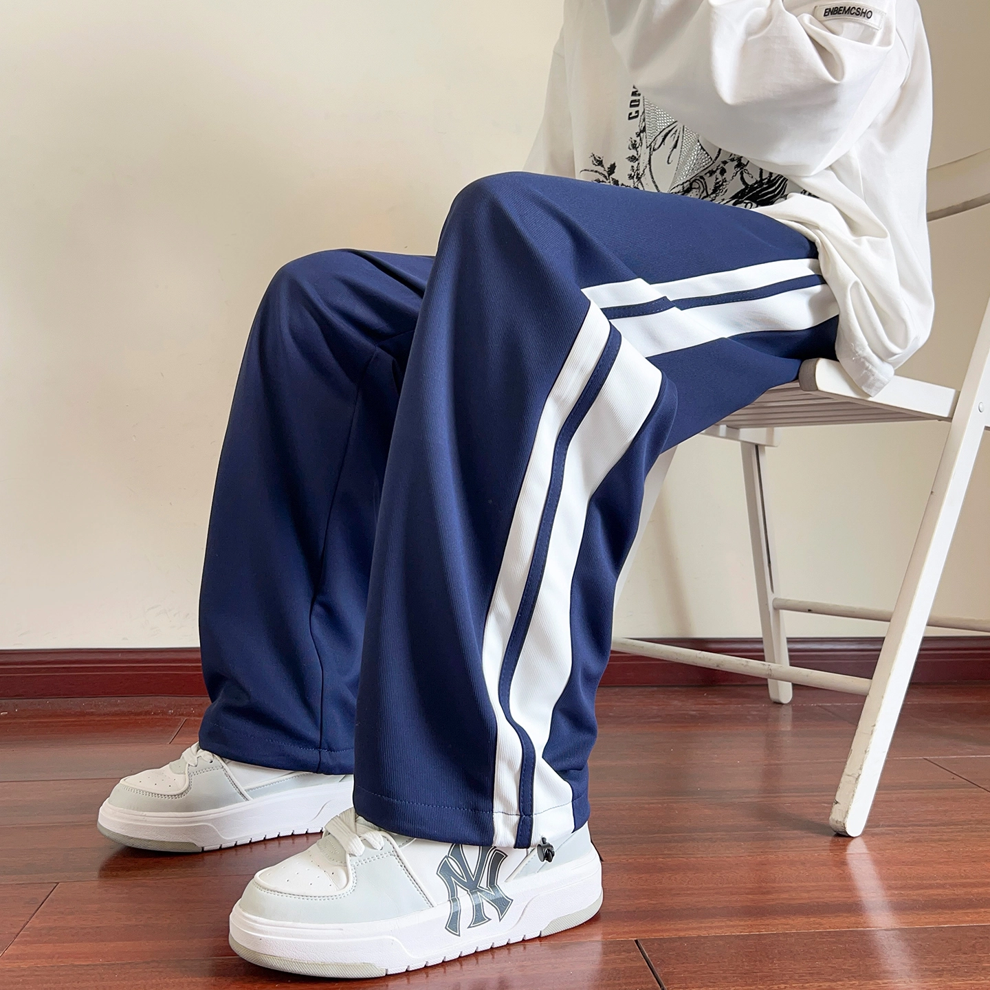 左岸 青少年港风帅气潮流拼接拼色卫裤宽松直筒裤柔软舒适透气垂感轻便抽绳裤脚长裤春秋休闲裤 男款