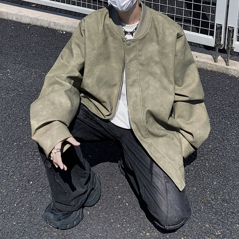 左岸 美式复古高街时尚潮牌百搭扎染印花拉链开衫棒球领上衣休闲宽松舒适春秋季防风夹克外套皮衣 男款