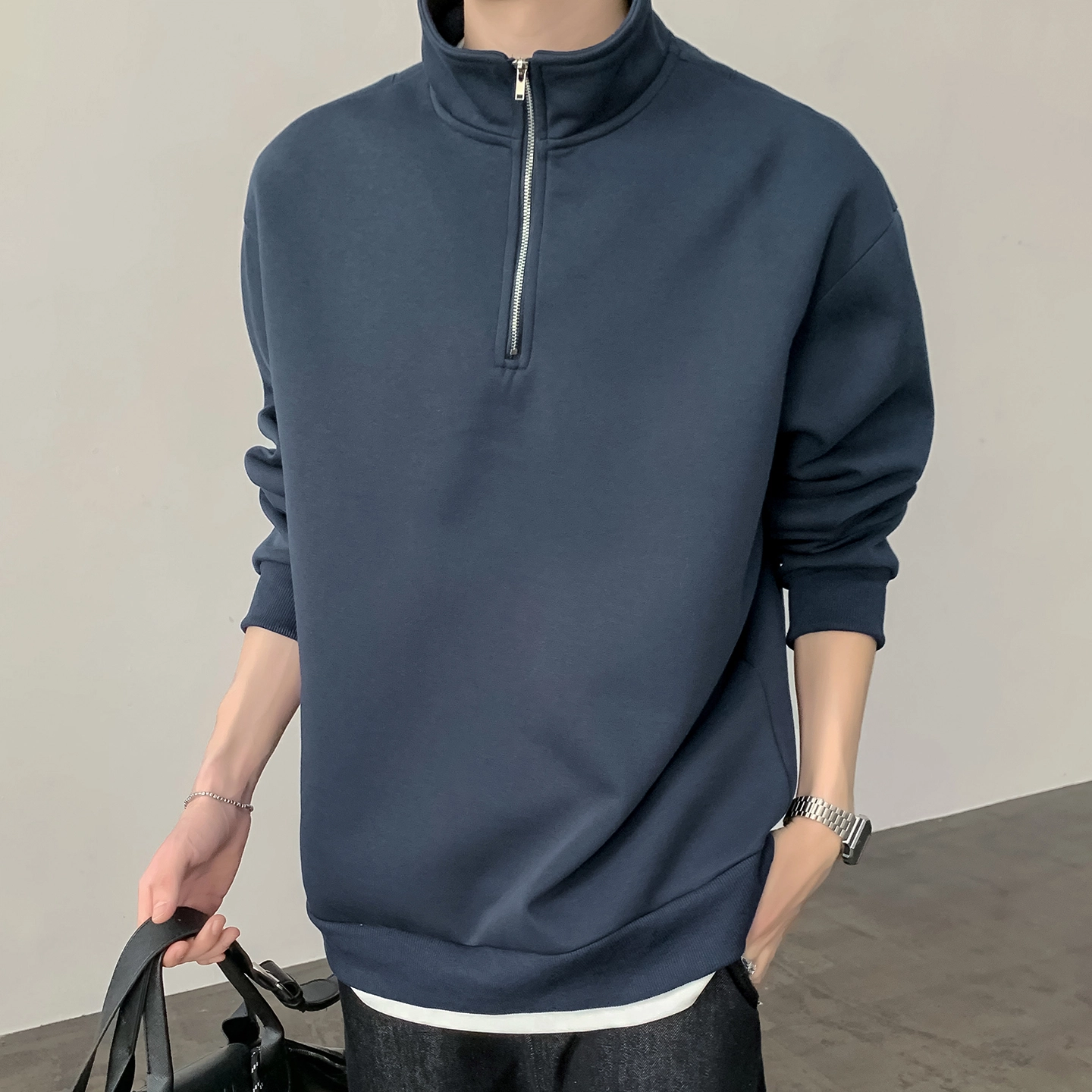 左岸 春秋青少年港风时尚潮牌休闲宽松简约长袖半拉链翻领上衣百搭帅气穿搭舒适加肥加大码撞色拼接假两件卫衣 男款