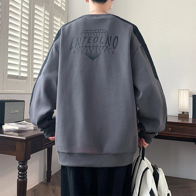 左岸 春秋青少年港风时尚潮牌休闲宽松简约撞色拼接字母印花长袖圆领上衣百搭帅气穿搭舒适加肥加大码外穿卫衣 男款