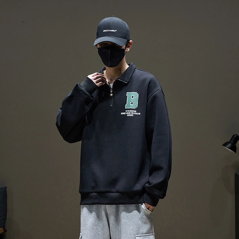 左岸 春秋青少年港风时尚潮牌休闲宽松简约长袖半拉链翻领上衣百搭帅气穿搭舒适加肥加大码字母印花卫衣 男款