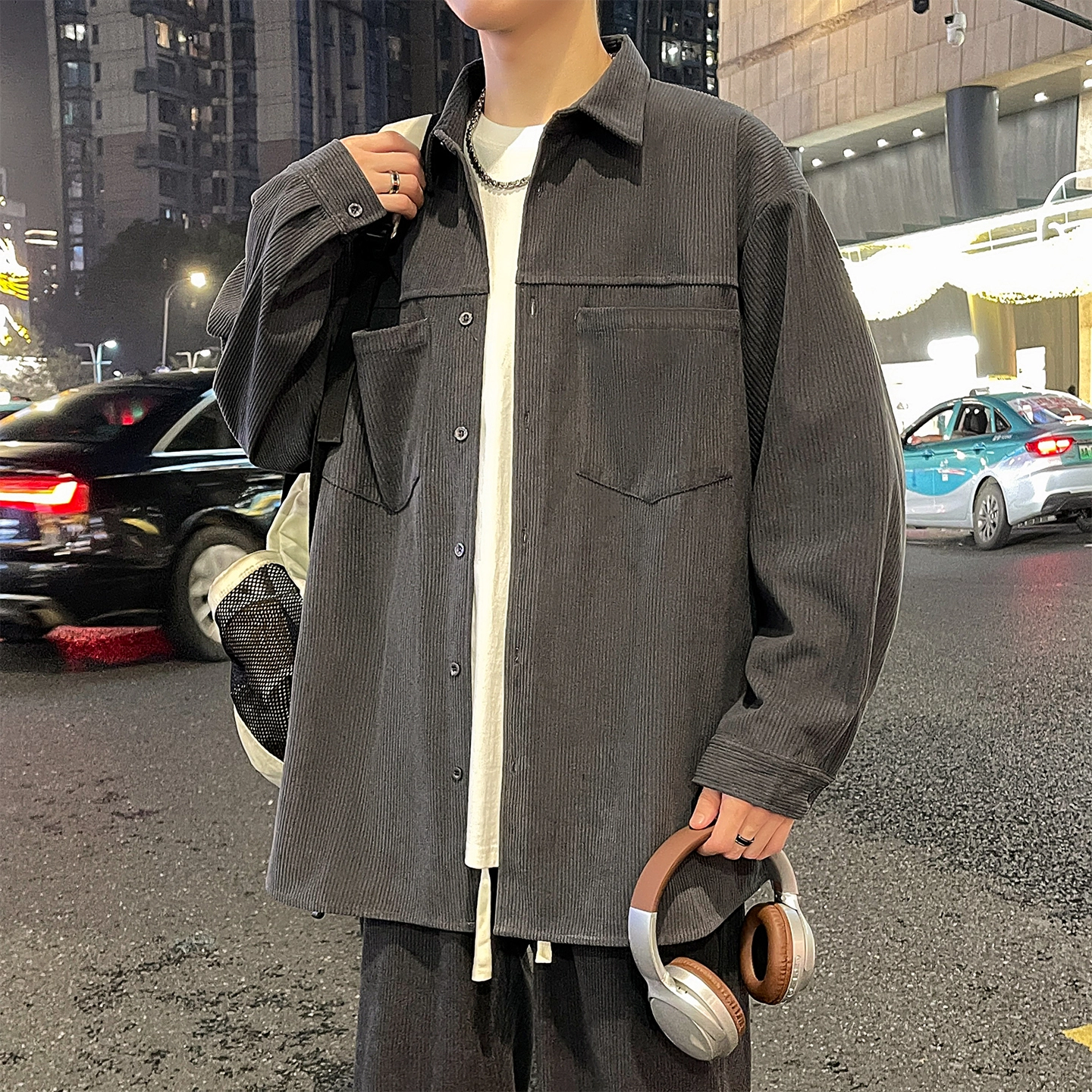 左岸 美式复古潮流百搭春秋休闲宽松舒适透气纯色灯芯绒衬衣潮牌设计感翻领开衫薄款外套衬衫 男款