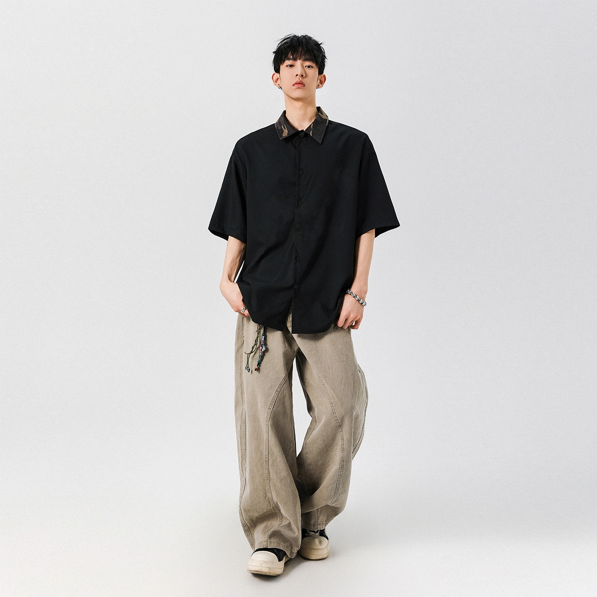左岸 港风条纹拼接潮牌慵懒风痞帅宽松休闲短袖衬衫 男款