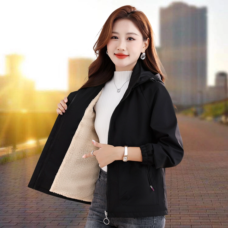 左岸 山系徒步登山服加厚防风恒温保暖防寒耐磨工装上衣简约运动休闲时尚潮流纯色百搭经典开衫插肩袖软壳衣立领连帽夹克绒感外套 女款