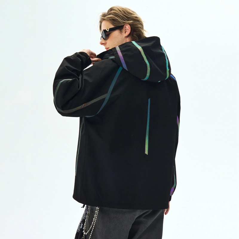 左岸 美式潮牌镭射七彩反光条开衫带帽工装上衣宽松休闲舒适山系户外防水防风冲锋外套夹克 男款
