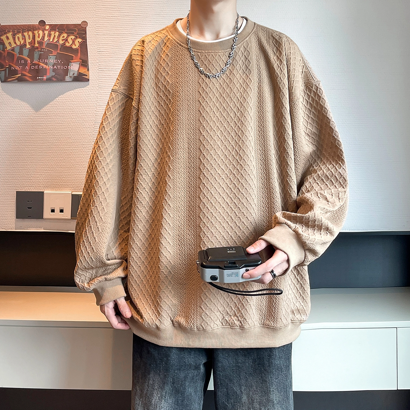 左岸 港风少年感潮牌休闲宽松简约长袖圆领套头上衣百搭帅气舒适慵懒外衣设计感提花春秋穿搭卫衣 男女同款