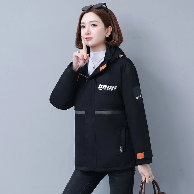 左岸 美式高街时尚潮流拼接设计字母印花韩系面包服棉衣防风抗寒保暖加厚机能工装外套运动休闲御寒厚实暖和棉袄炸街连帽派克棉服 女款