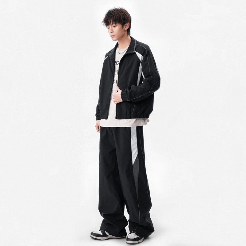 左岸 青少年春秋百搭潮流宽松两件套时尚设计感拼接拼色开衫长裤一整套休闲运动套装 男款