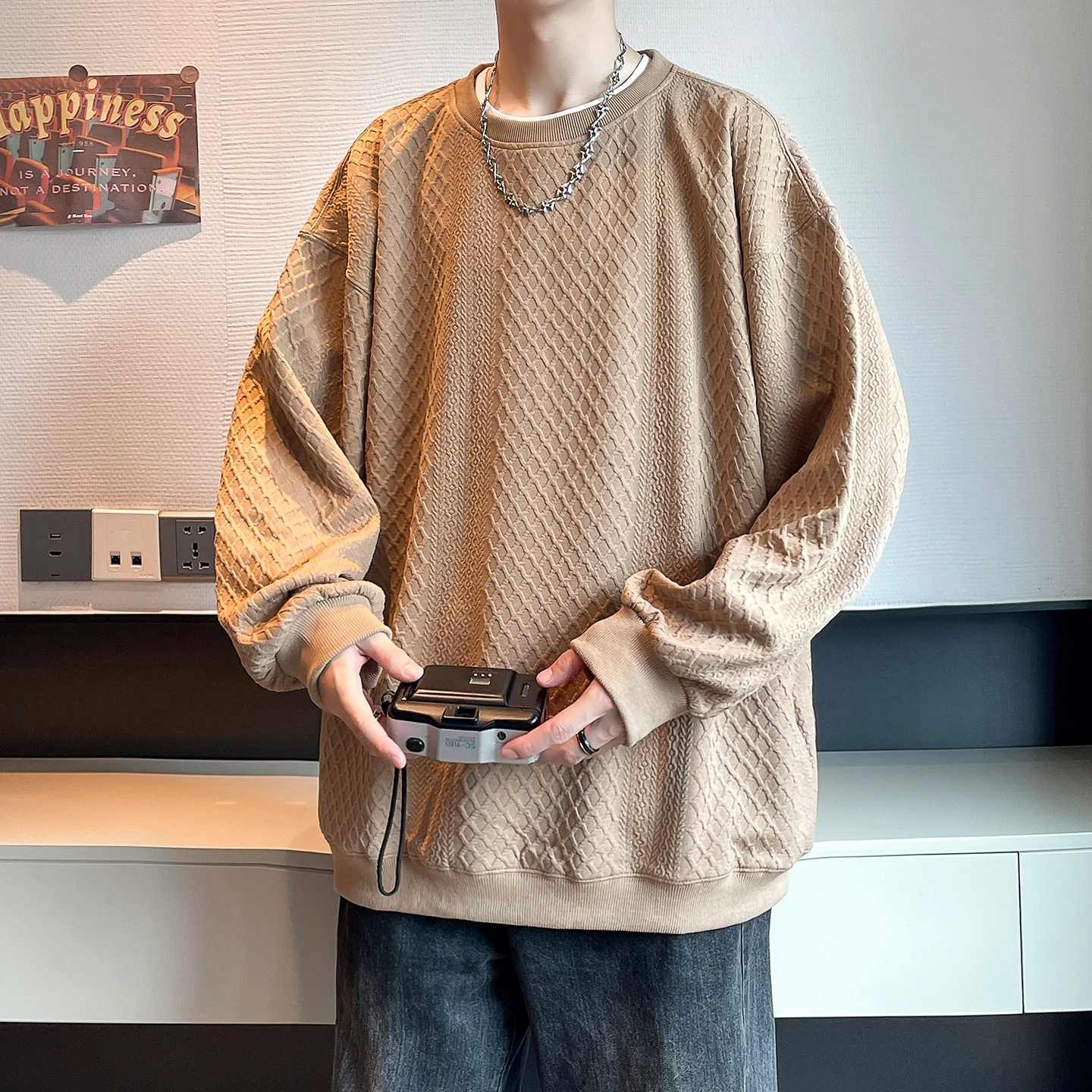 左岸 港风少年感潮牌休闲宽松简约长袖圆领套头上衣百搭帅气舒适慵懒外衣设计感提花春秋穿搭卫衣 男女同款
