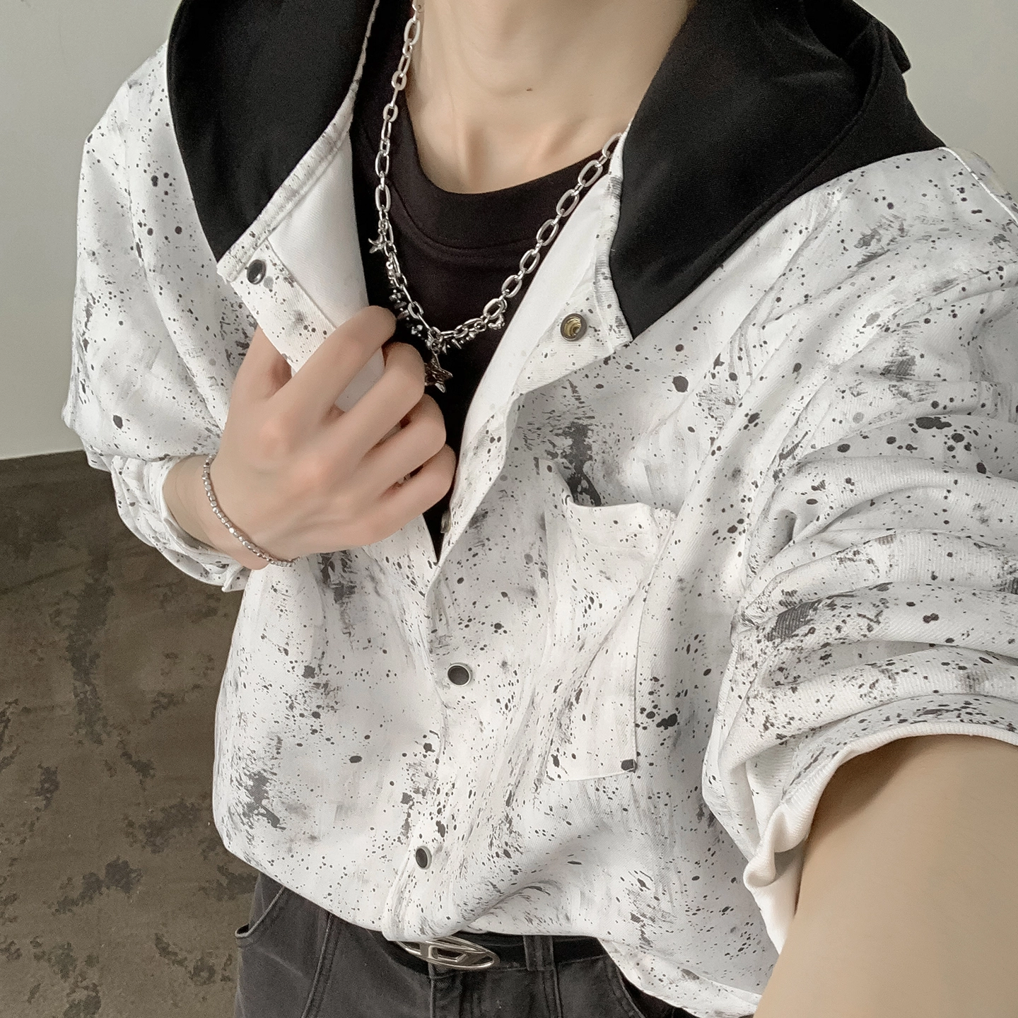 左岸 港风潮流百搭春秋连帽开衫泼墨印花上衣休闲宽松舒适衬衣潮牌老钱风衬衫 男款