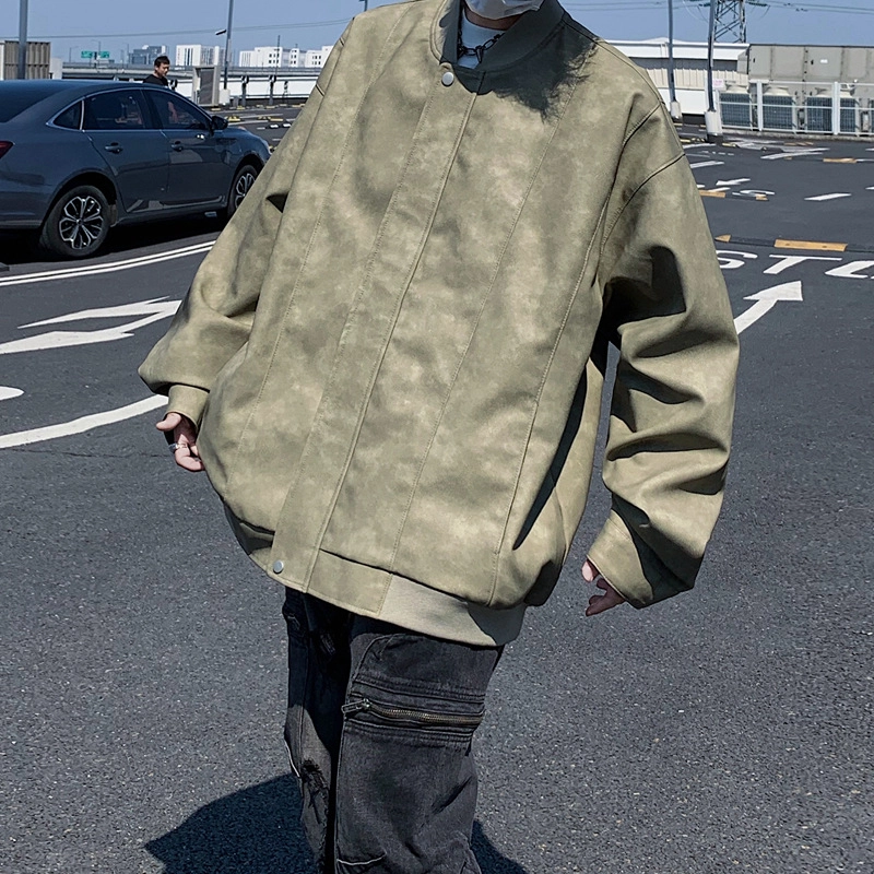 左岸 美式复古高街时尚潮牌百搭扎染印花拉链开衫棒球领上衣休闲宽松舒适春秋季防风夹克外套皮衣 男款