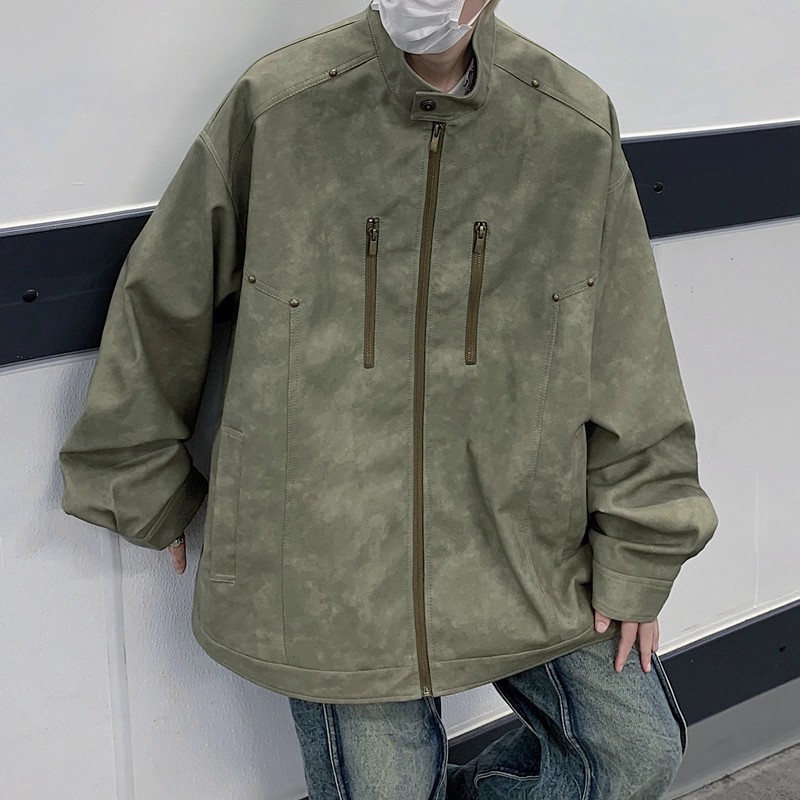 左岸 美式复古高街铆钉时尚潮牌百搭拉链开衫立领上衣休闲宽松舒适春秋季防风夹克外套皮衣 男款