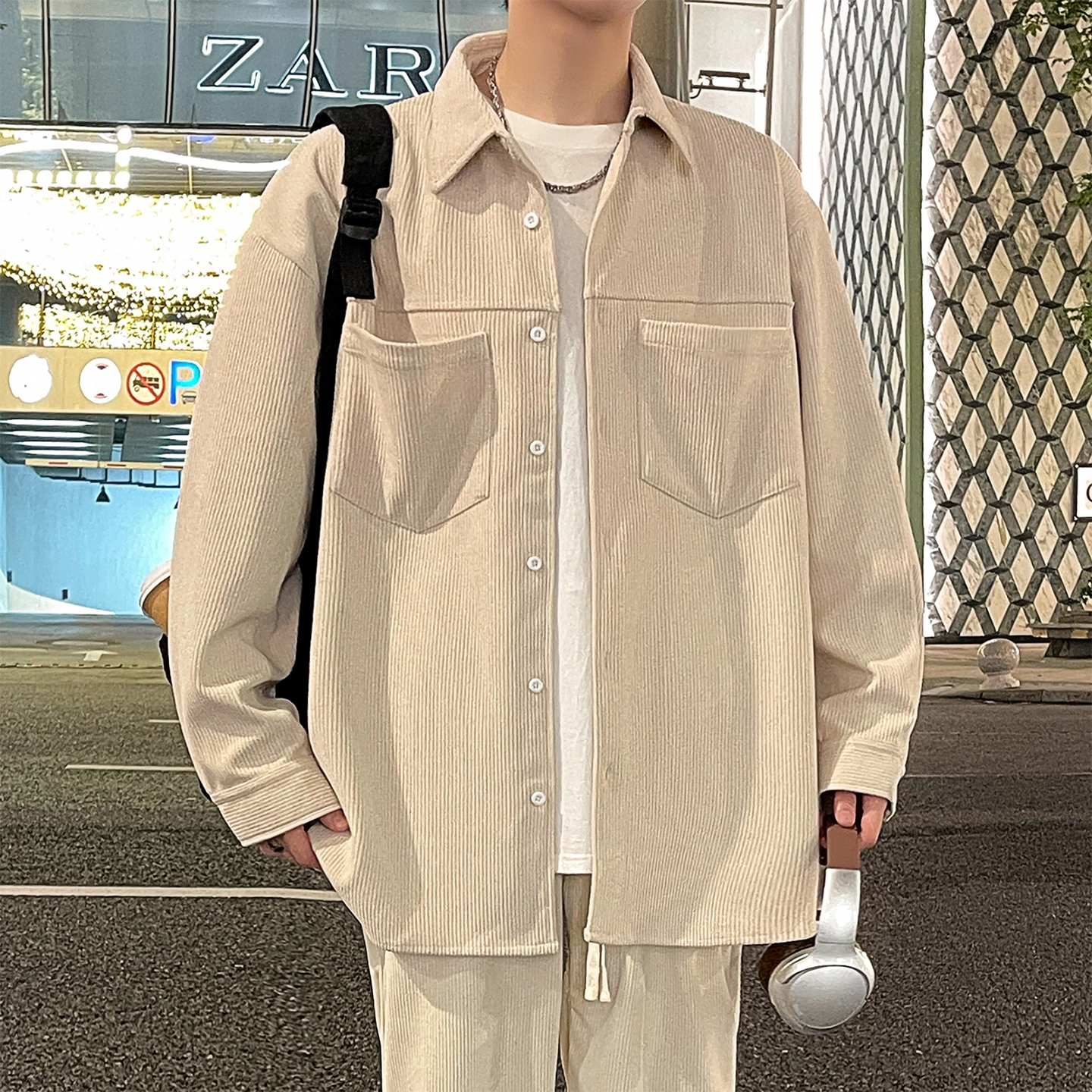 左岸 美式复古潮流百搭春秋休闲宽松舒适透气纯色灯芯绒衬衣潮牌设计感翻领开衫薄款外套衬衫 男款