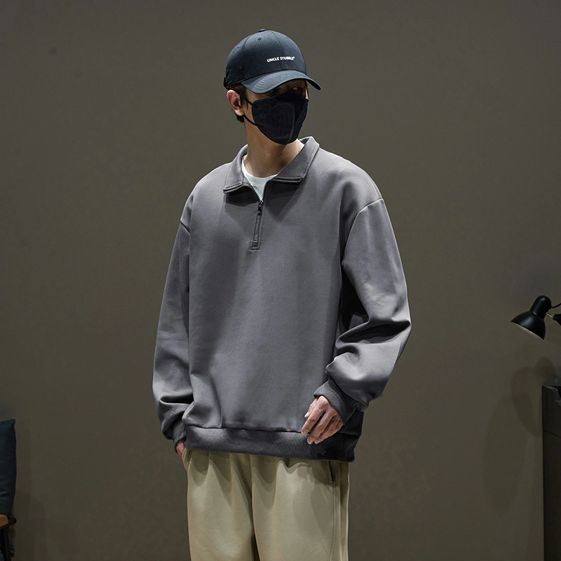 左岸 春秋青少年港风时尚潮牌休闲宽松简约长袖半拉链翻领上衣百搭帅气穿搭舒适加肥加大码卫衣 男款