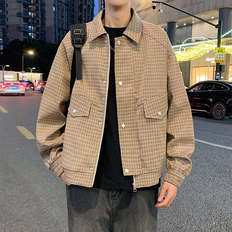 左岸 春秋季港风时尚潮牌条纹格子百搭开衫翻领上衣加肥加大码休闲宽松舒适防风外套夹克 男款