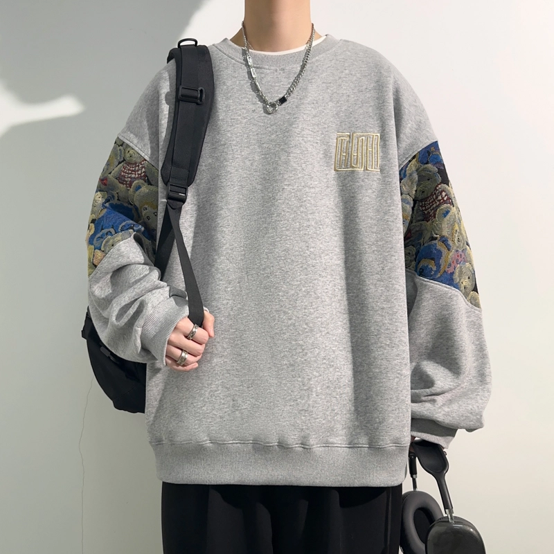 左岸 春秋青少年港风时尚潮牌休闲宽松拼接熊猫印花长袖圆领上衣经典百搭帅气穿搭舒适撞色卡通卫衣 男款