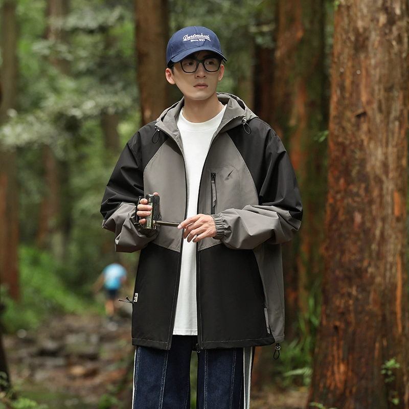 左岸 春秋季美式潮牌百搭撞色拼接带帽开衫上衣宽松休闲舒适山系户外防风工装风冲锋外套夹克 男款