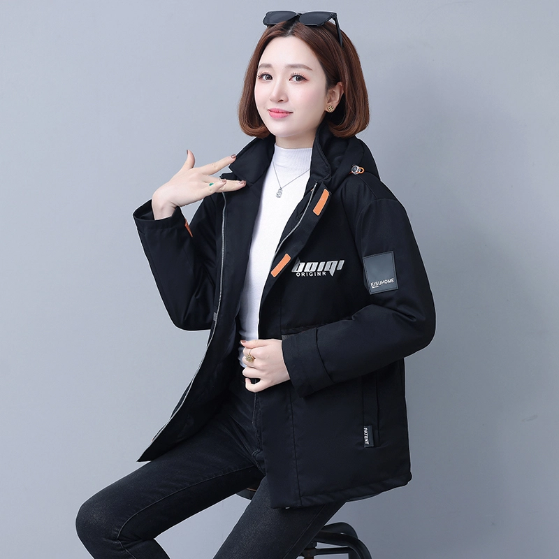 左岸 美式高街时尚潮流拼接设计字母印花韩系面包服棉衣防风抗寒保暖加厚机能工装外套运动休闲御寒厚实暖和棉袄炸街连帽派克棉服 女款