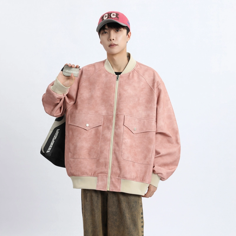 左岸 青少年港风时尚潮牌脏脏印花百搭开衫棒球领上衣加肥加大码简约休闲宽松舒适春秋季飞行员夹克外套皮衣 男女同款