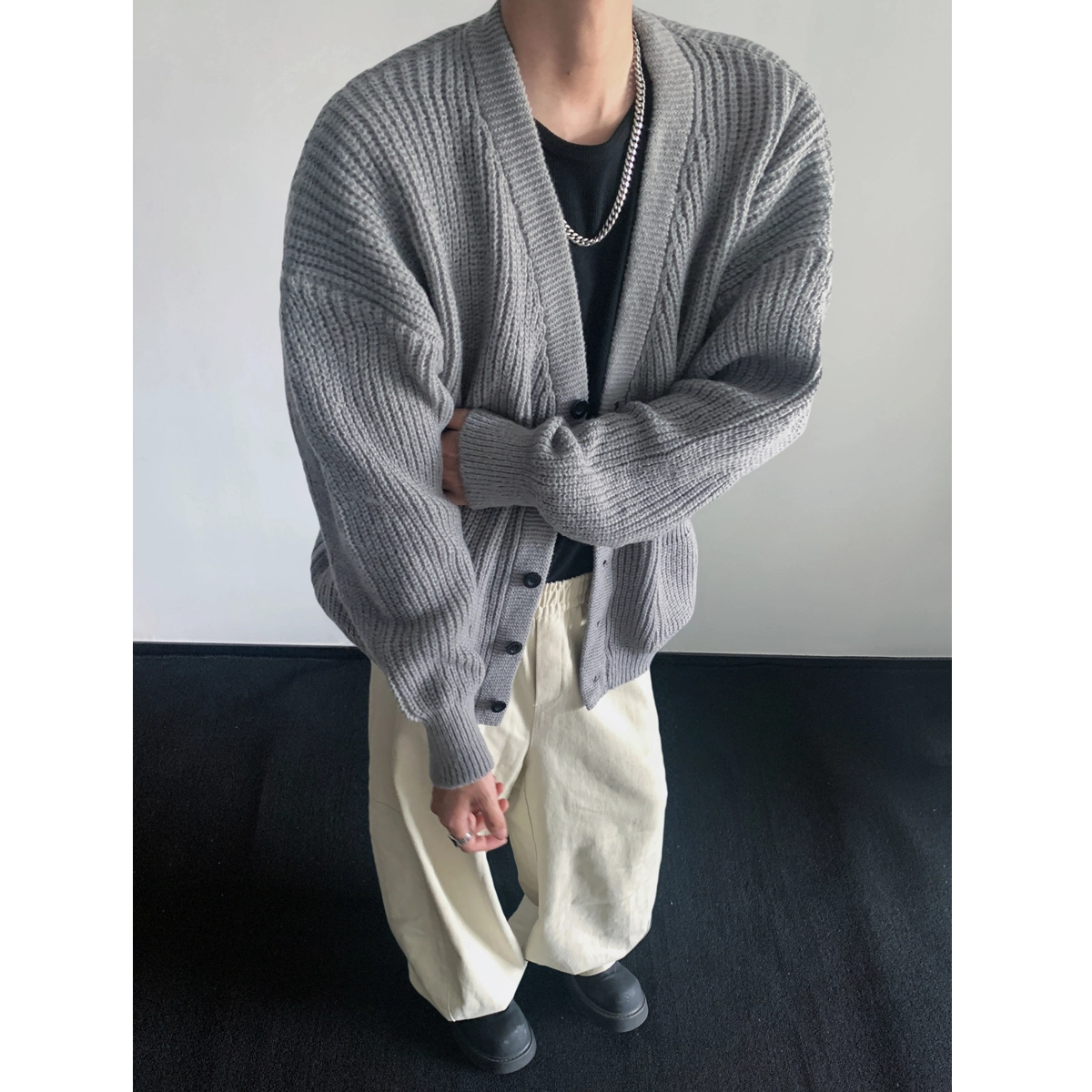 左岸 青少年港风潮牌休闲时尚宽松简约高级感春秋开衫上衣设计感保暖秋冬内搭打底衫毛衣 男款