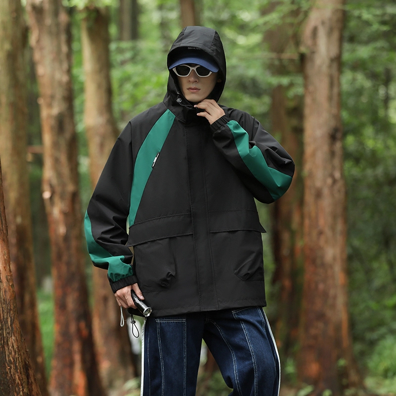 左岸 美式潮牌百搭撞色拼接带帽开衫上衣宽松休闲舒适山系户外防风工装风冲锋外套夹克 男款