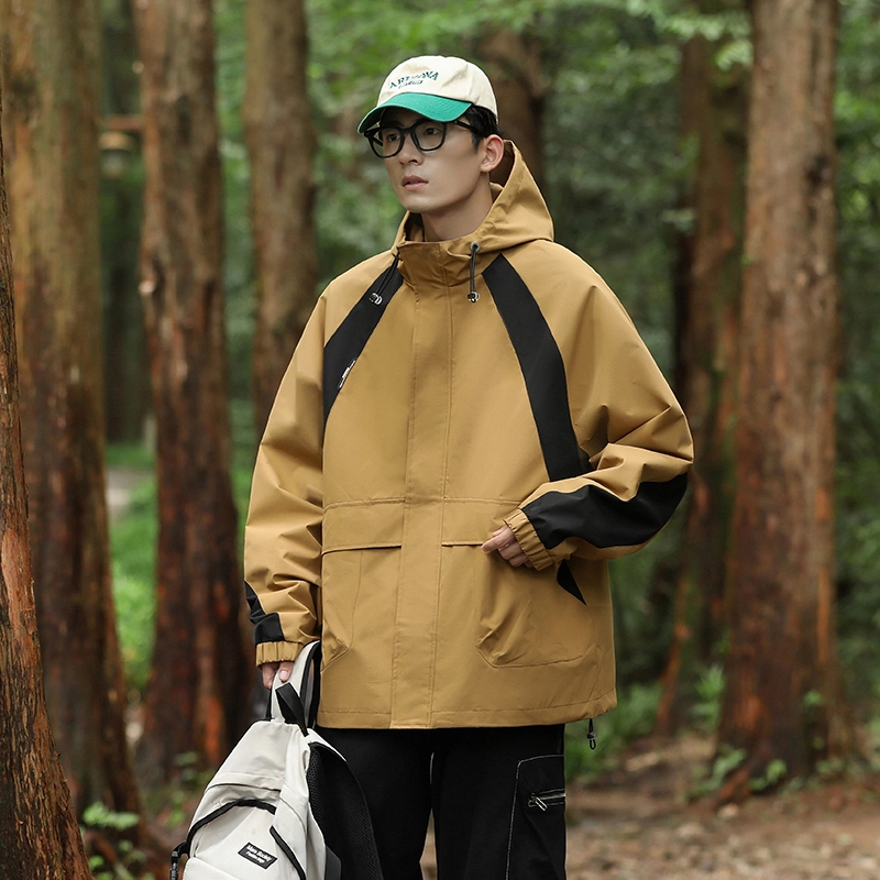 左岸 美式潮牌百搭撞色拼接带帽开衫上衣宽松休闲舒适山系户外防风工装风冲锋外套夹克 男款