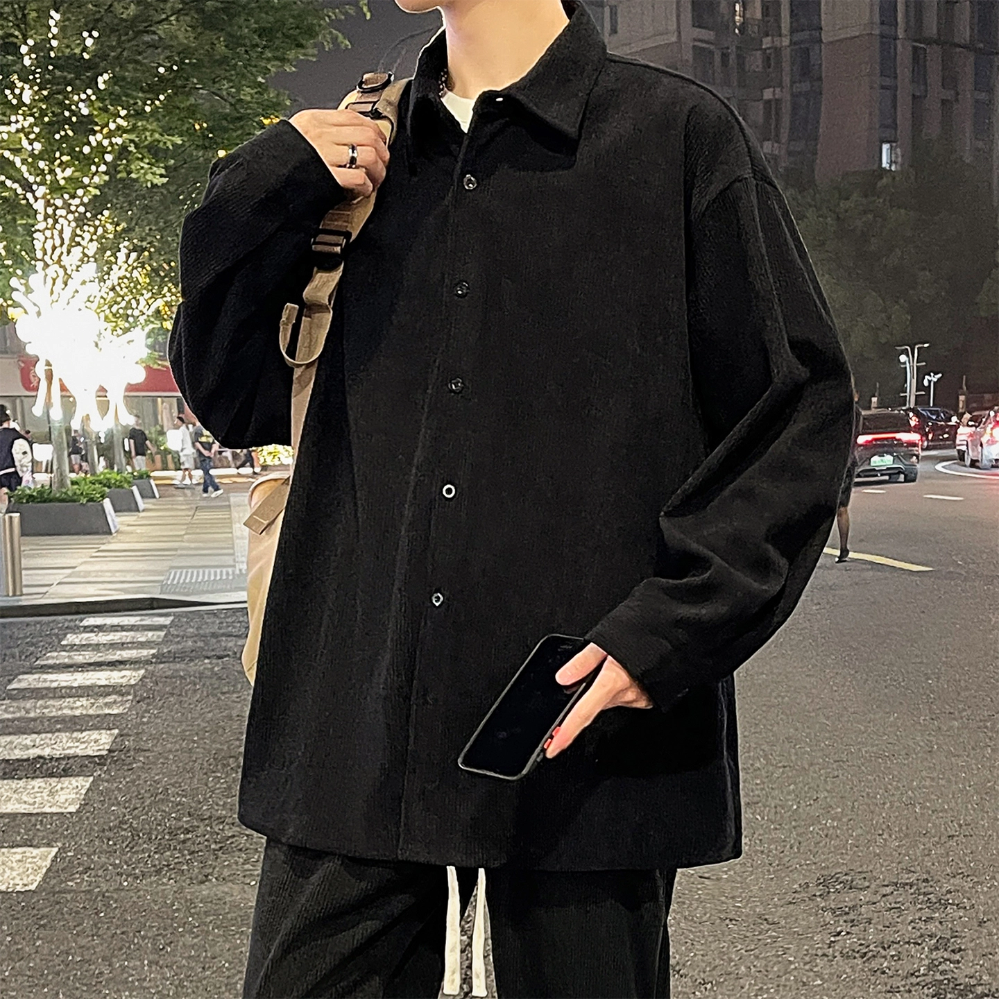 左岸 港风潮流简约百搭春秋上衣休闲宽松舒适透气纯色灯芯绒衬衣潮牌翻领开衫薄款外套衬衫 男款
