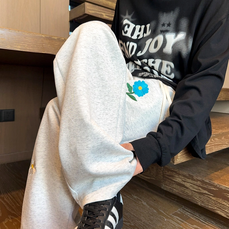 左岸 青少年港风时尚潮流百搭绣花宽松直筒卫裤长裤柔软舒适轻便透气阔腿裤春秋季休闲裤 男款