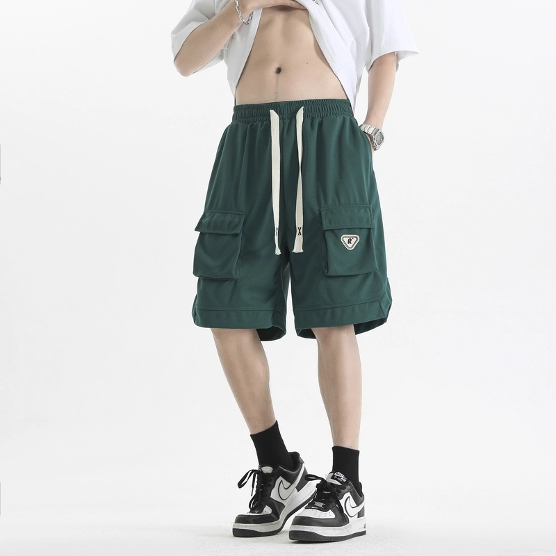 左岸 美式夏季轻薄款纯色宽松休闲直筒系带松紧腰中裤大口袋百搭五分裤工装短裤 男款