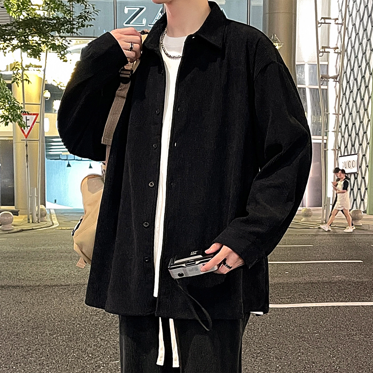 左岸 港风潮流简约百搭春秋上衣休闲宽松舒适透气纯色灯芯绒衬衣潮牌翻领开衫薄款外套衬衫 男款
