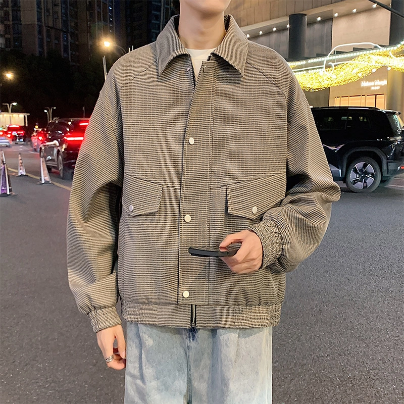 左岸 春秋季港风时尚潮牌条纹格子百搭开衫翻领上衣加肥加大码休闲宽松舒适防风外套夹克 男款