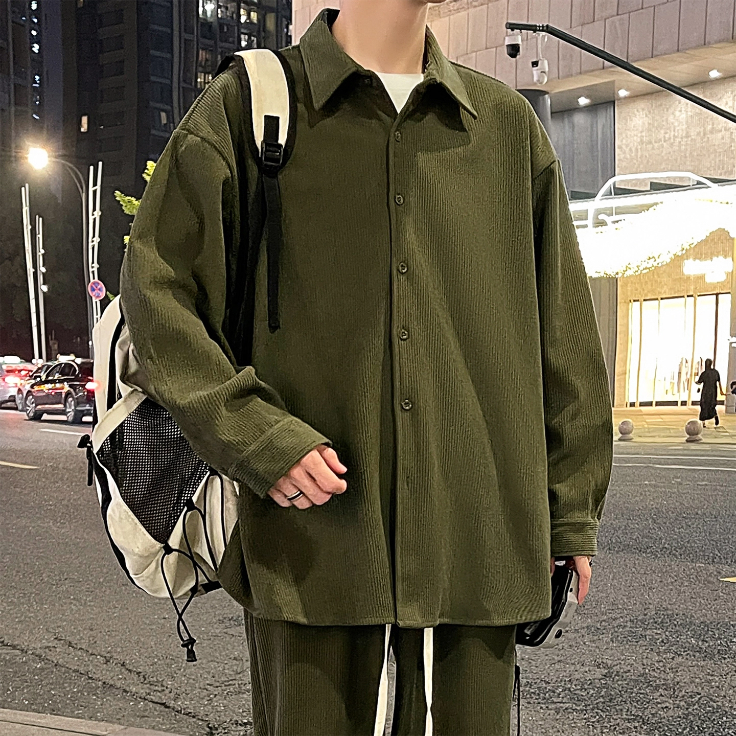 左岸 港风潮流简约百搭春秋上衣休闲宽松舒适透气纯色灯芯绒衬衣潮牌翻领开衫薄款外套衬衫 男款