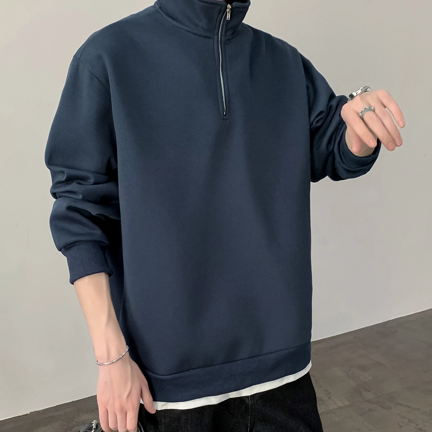 左岸 春秋青少年港风时尚潮牌休闲宽松简约长袖半拉链翻领上衣百搭帅气穿搭舒适加肥加大码撞色拼接假两件卫衣 男款