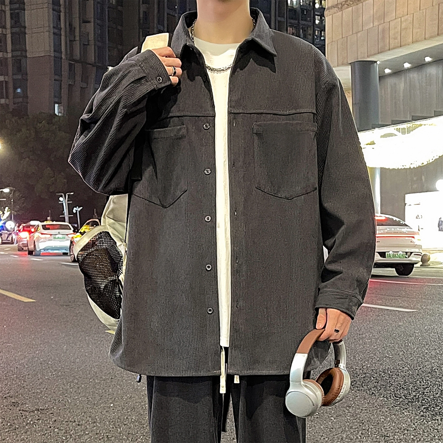 左岸 美式复古潮流百搭春秋休闲宽松舒适透气纯色灯芯绒衬衣潮牌设计感翻领开衫薄款外套衬衫 男款