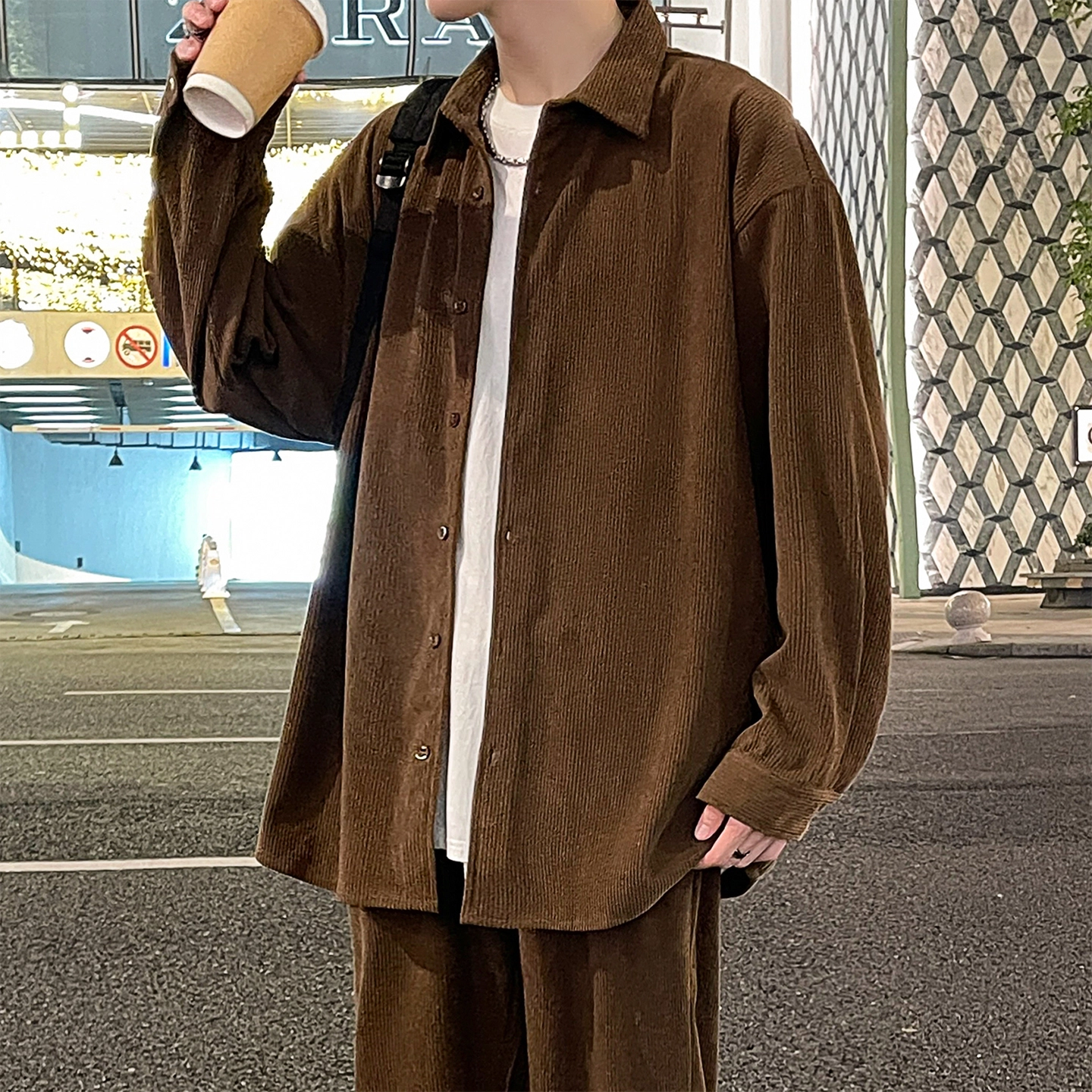 左岸 港风潮流简约百搭春秋上衣休闲宽松舒适透气纯色灯芯绒衬衣潮牌翻领开衫薄款外套衬衫 男款
