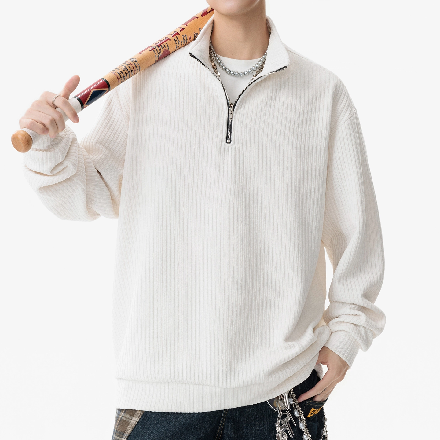 左岸 春秋青少年港风时尚潮牌休闲宽松简约长袖半拉链立领上衣灯芯绒百搭帅气穿搭舒适透气卫衣 男款