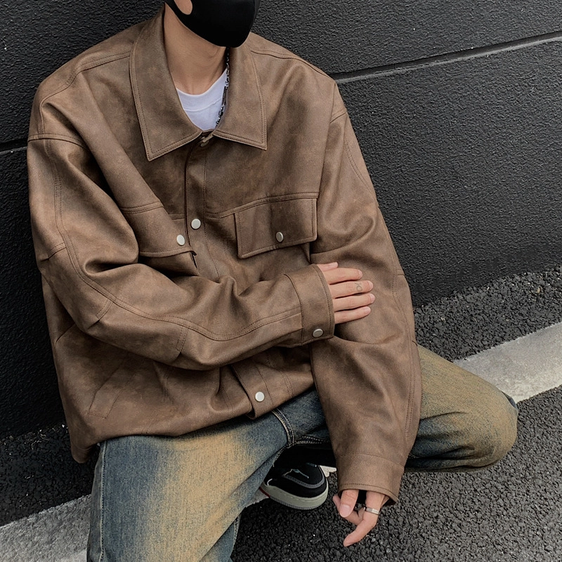 左岸 美式复古高街时尚潮牌百搭扎染印花拉链开衫翻领上衣休闲宽松舒适春秋季防风夹克外套皮衣 男款