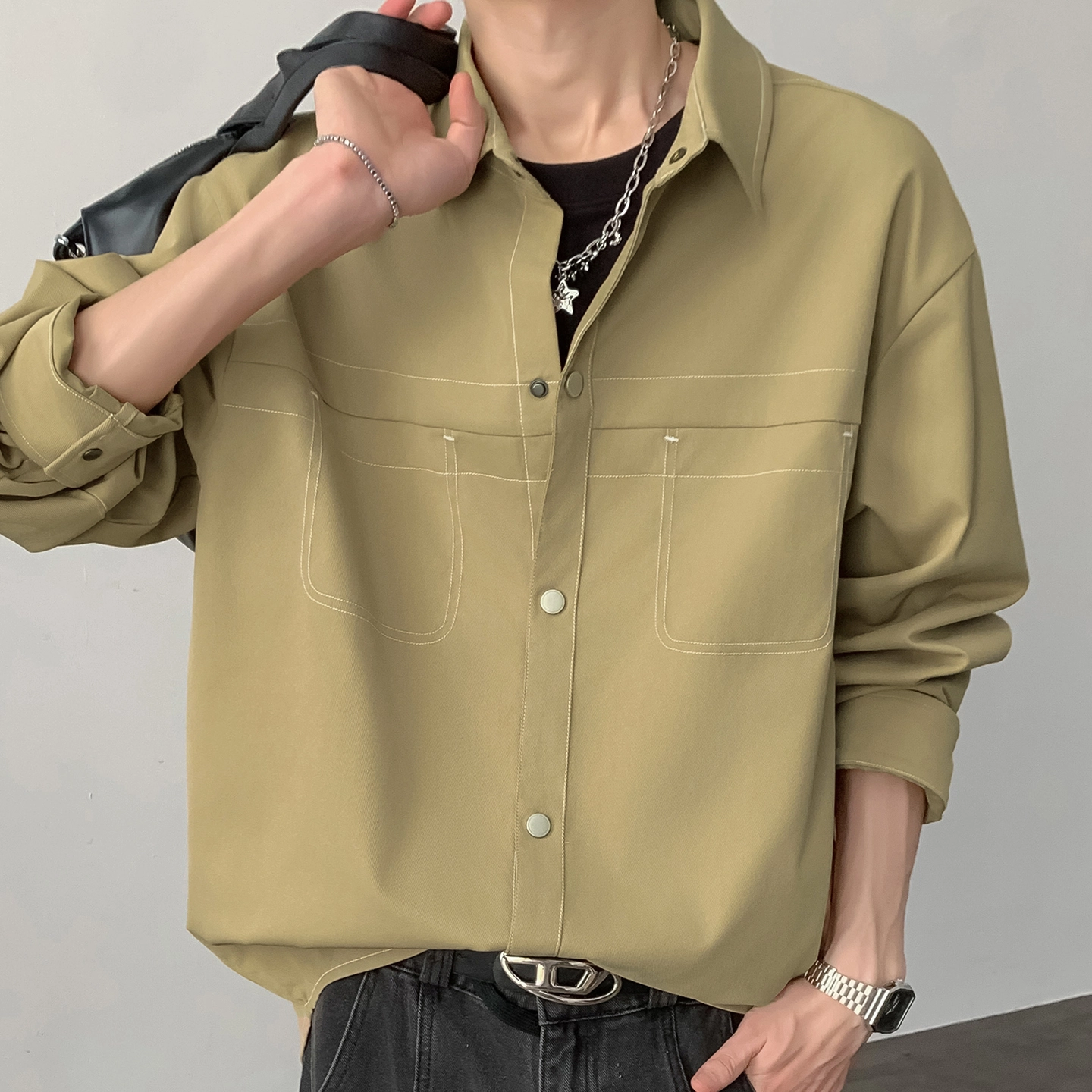 左岸 春秋港风时尚潮流百搭开衫上衣休闲宽松舒适衬衣设计感明线插色老钱风衬衫 男款