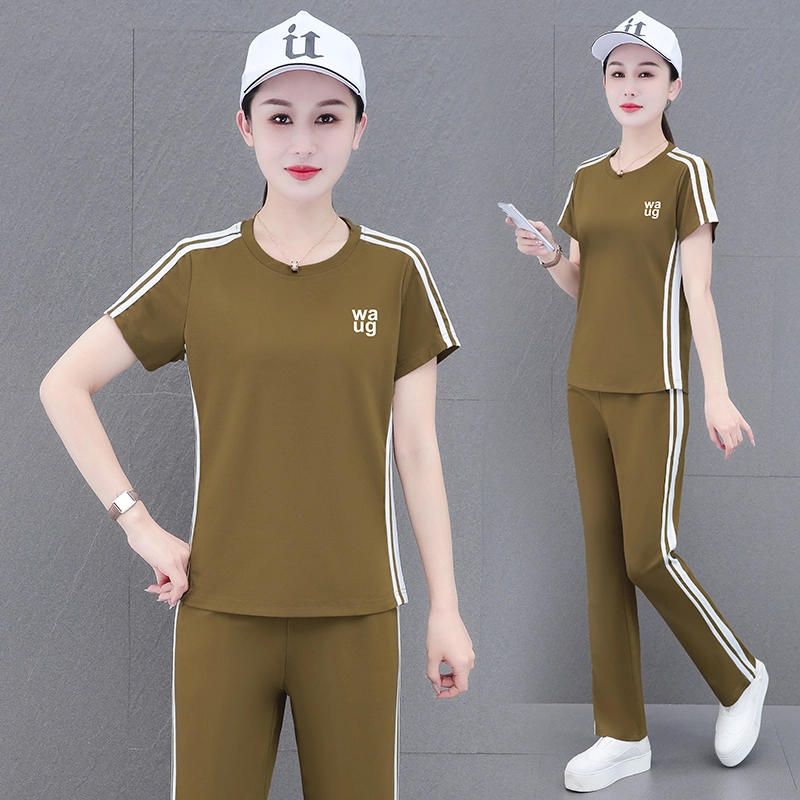 左岸 夏季简约时尚气质潮流活力纯色圆领日常通勤户外运动修身显瘦显高柔软亲肤舒适轻便短袖上衣直筒长裤两件套休闲套装 女款