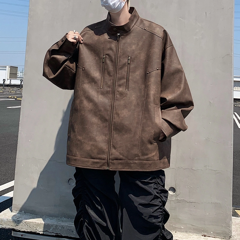 左岸 美式复古高街铆钉时尚潮牌百搭拉链开衫立领上衣休闲宽松舒适春秋季防风夹克外套皮衣 男款