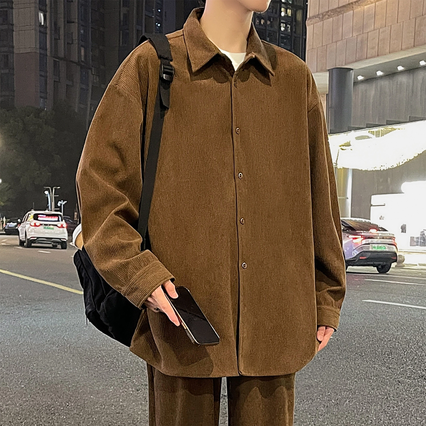 左岸 港风潮流简约百搭春秋上衣休闲宽松舒适透气纯色灯芯绒衬衣潮牌翻领开衫薄款外套衬衫 男款