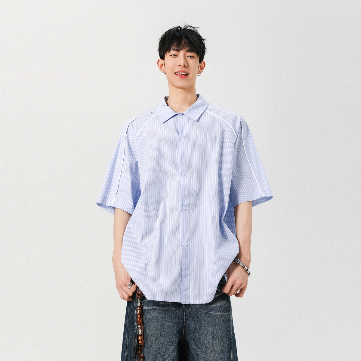 左岸 条纹宽松休闲短袖衬衫 男款