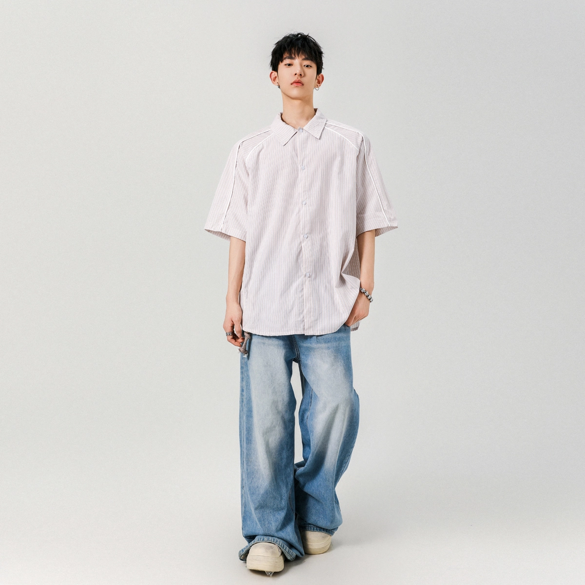 左岸 条纹宽松休闲短袖衬衫 男款