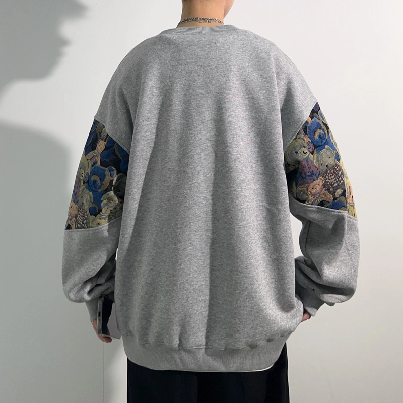 左岸 春秋青少年港风时尚潮牌休闲宽松拼接熊猫印花长袖圆领上衣经典百搭帅气穿搭舒适撞色卡通卫衣 男款