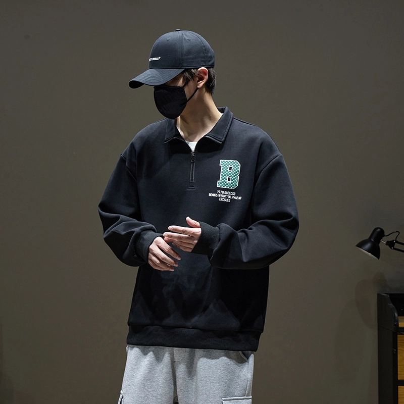 左岸 春秋青少年港风时尚潮牌休闲宽松简约长袖半拉链翻领上衣百搭帅气穿搭舒适加肥加大码字母印花卫衣 男款