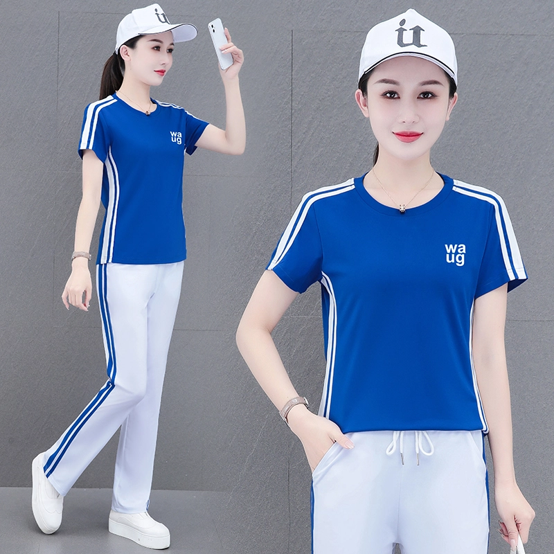 左岸 夏季简约时尚气质潮流活力纯色圆领日常通勤户外运动修身显瘦显高柔软亲肤舒适轻便短袖上衣直筒长裤两件套休闲套装 女款