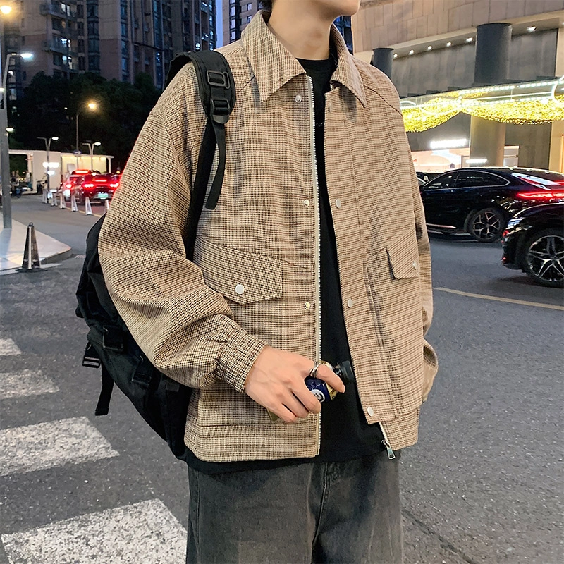 左岸 春秋季港风时尚潮牌条纹格子百搭开衫翻领上衣加肥加大码休闲宽松舒适防风外套夹克 男款