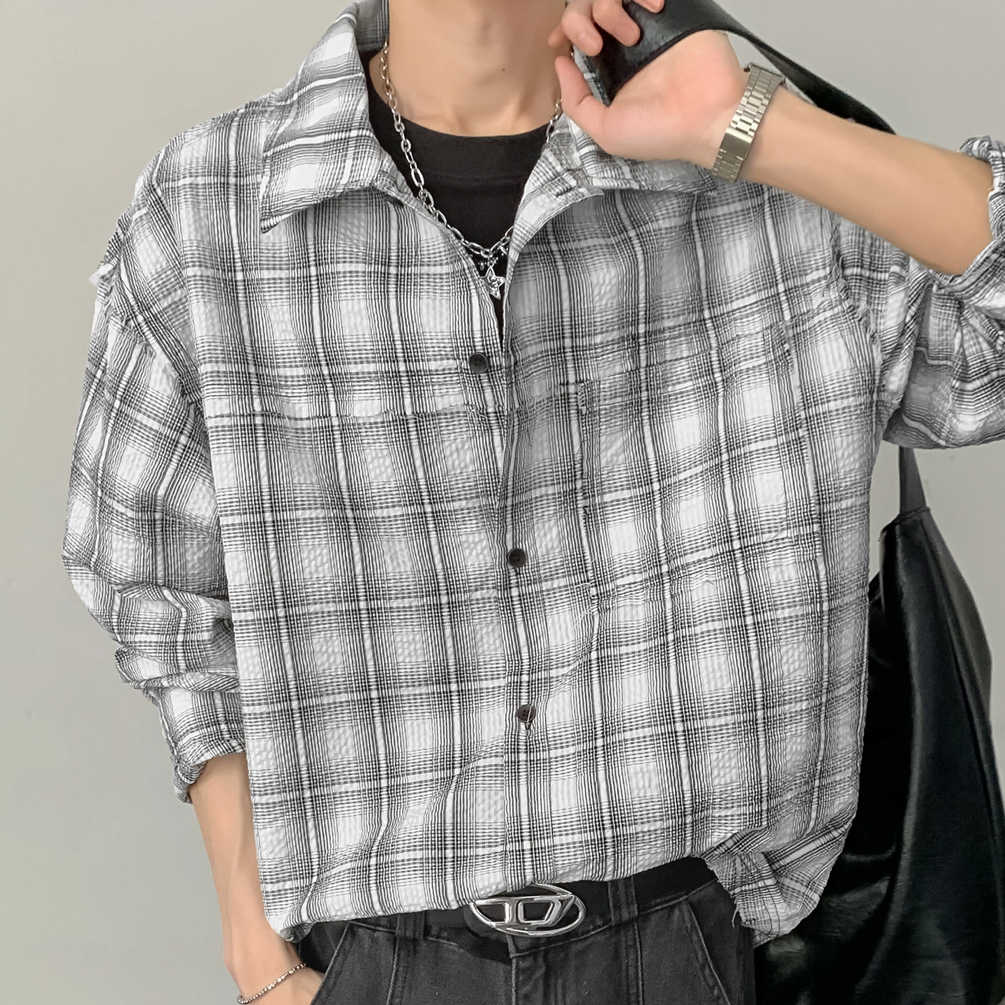 左岸 港风潮流百搭格子宽松舒适设计感长袖衬衫 男款
