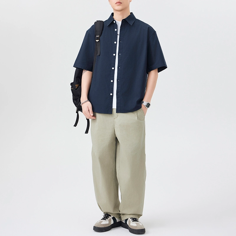 左岸 夏季轻薄纯棉透气短袖衬衣日系复古翻领纯色简约休闲上衣衬衫 男款